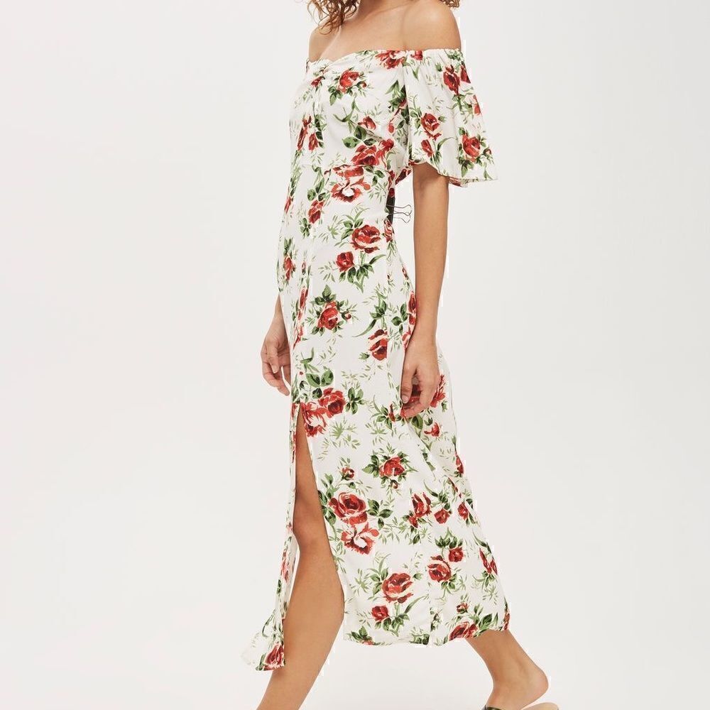 TopshopâBardotâivoryârose printâoffâtheâshoulderâmidiâdress